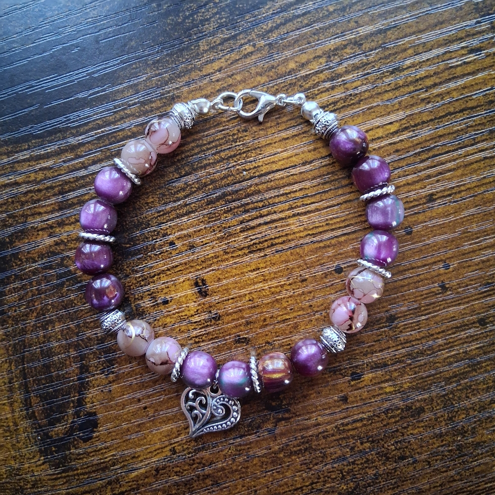Purple Beaded Heart Bracelet & Hoop Earrings Set - Stretch & Lobster Claw Clasp